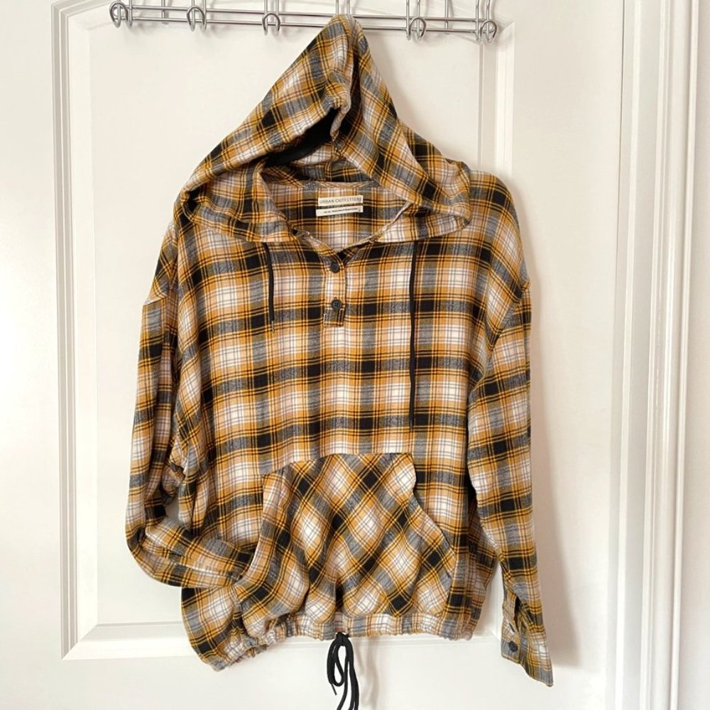 UO Alex Popover Hooded Flannel Shirt - yellow sz M